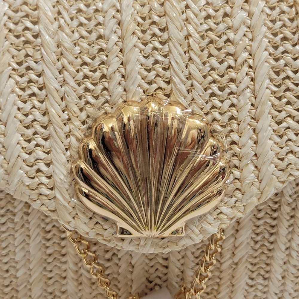 Haute Hippie Woven Straw Gold Sea Shell Clutch Bag Wood Bead Handle Crossbody - Picture 3 of 11